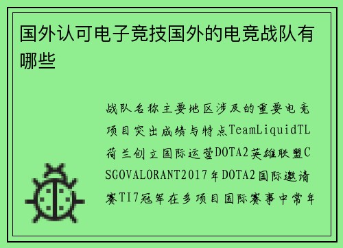 国外认可电子竞技国外的电竞战队有哪些